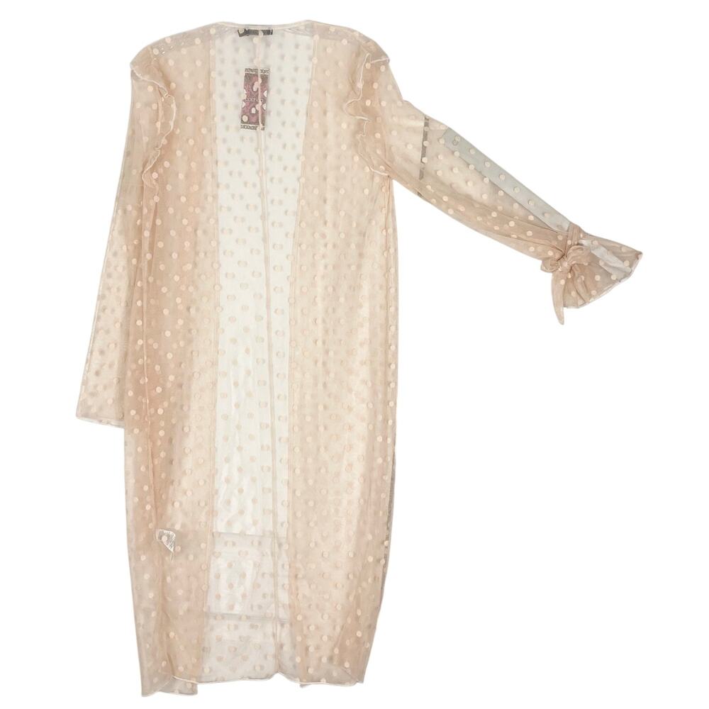 NWT BOOHOO Robe Duster Cardigan M Peach Polkadot Sheer Mesh Open Ruffle Bow-Cuff - Picture 2 of 13